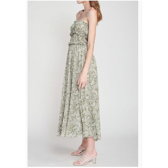 En Saison Sole Abstract Green Smock Midi Dress Size Large Cottage BOHO Milkmaid - Picture 2 of 16